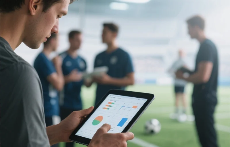 一个人正在专心分析体育数据，背景虚化着团队讨论，象征共同进步