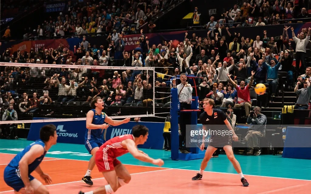 运动员在激烈的比赛中奋力拼搏,观众席上情绪高涨,体现体育的不可预测和激情